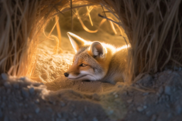 a fox lying in a hole