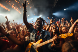Um homem com um violão na frente de uma multidão de pessoas