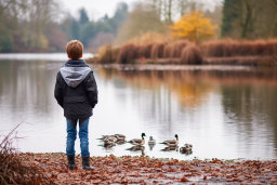 a boy standing on the shore of a lake looking at ducks