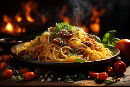 Une assiette de spaghetti avec sauce et légumes