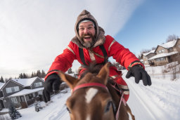un hombre con un abrigo rojo montando un caballo en la nieve