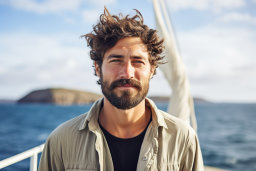 Ein Mann mit schönen Haaren und Bart, der auf einem Boot steht