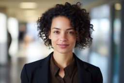 a woman with curly hair wearing a suit