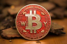 a red and gold coin with a bitcoin symbol on it
