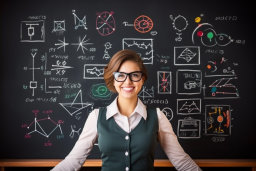Teacher in Front of Chalkboard with Diagrams
