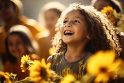 Un enfant souriant de fleurs jaunes