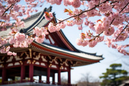 Cherry Blossoms in Front of Japanese Temple