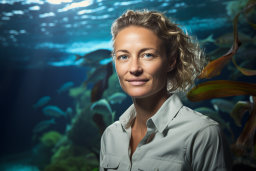 a woman smiling in front of fish tank