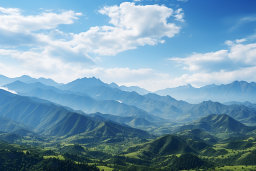 a landscape of a green valley with mountains and blue sky