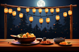 Moonlit Outdoor Dining with Traditional Lanterns