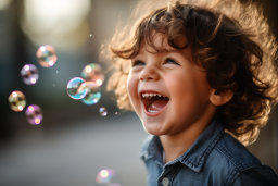 a child laughing with bubbles