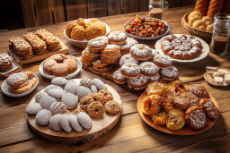 una mesa llena de pasteles y galletas