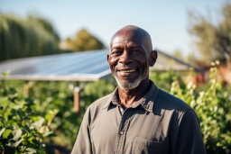 a man smiling in front of a solar panel