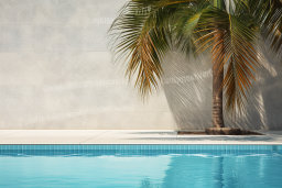 a palm tree next to a pool