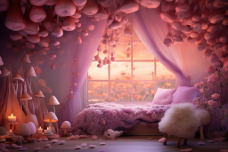 Une chambre avec des fleurs roses et un lit