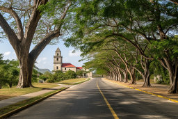 Tree-lined Road Leading to a Church