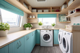 uma lavanderia com armários azuis e uma máquina de lavar