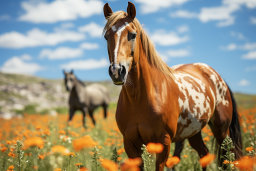 Ein Pferd, das in einem Blumenfeld steht