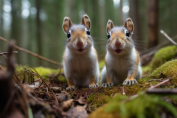 Deux écureuils debout sur un sol moussuel