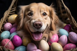 um cachorro deitado em uma cesta de ovos