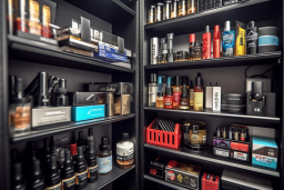 un estante con muchas botellas de cosméticos