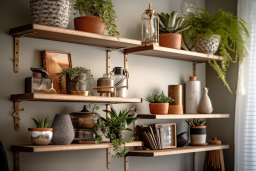 a shelf with plants and objects on it