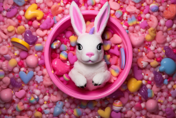 Un lapin jouet dans un bol de bonbons