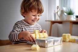 Ein Kind, das mit einer Schachtel Essen spielt