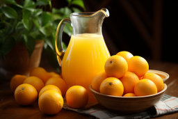 un bol d'oranges et un pichet de jus d'orange