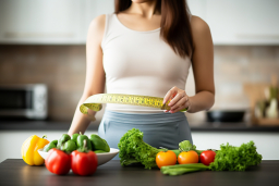 a woman holding a measuring tape over a table with vegetables