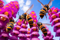 a group of bees flying over purple flowers