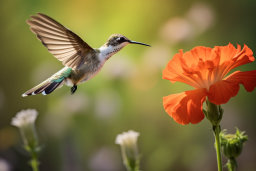 a hummingbird flying next to a flower