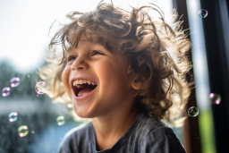 a child laughing with bubbles
