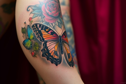 Un tatouage d'un papillon et des fleurs sur le bras d'une personne