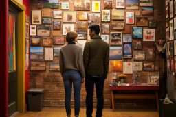 un homme et une femme qui regardent des photos sur un mur
