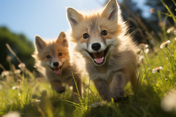 two foxes running in the grass