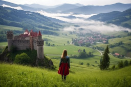 Uma mulher em pé em um campo gramado olhando para um castelo