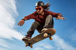 Ein Mann in einem Helm und einer Sonnenbrille, die auf einem Skateboard springt