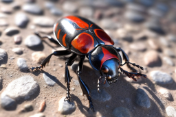 a black and red bug on a gravel surface