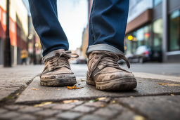 die Beine und Schuhe einer Person auf einem Bürgersteig
