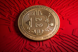 a gold coin with a bitcoin symbol on a red surface
