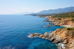 a rocky coastline with trees and blue water