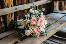 Bridal Bouquet on Rustic Wooden Bench