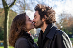Um homem e uma mulher se beijando lá fora