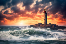 a lighthouse on a rocky island with waves