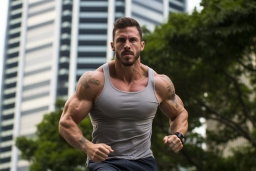 Muscular Man Running in Urban Setting
