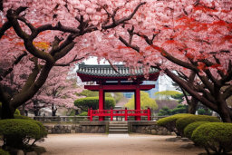 Cherry Blossoms and Traditional Japanese Torii