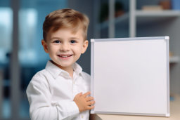 um garoto sorrindo e segurando uma tábua branca