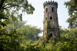 a stone tower with a window and a tower in the middle of trees