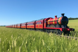 Model Train in Lush Green Field